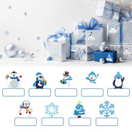 JarThenaAMCS Winter Snowman Snowflake Name Tag Stickers 9 Designs Blue Cartoon Snowman Penguin Snowflake Self-Adhesive Gift Label Decals for Christmas Xmas Holiday Birthday Present, 90Pcs