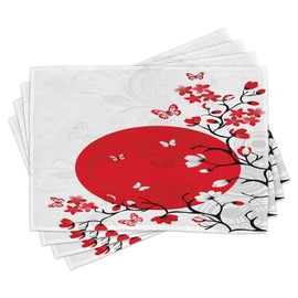 Ambesonne Japanese Place Mats Set of 4, Japanese Culture Inspired Artwork Cherry Blossom Sakura Tree Eastern, Washable Fabric Placemats for Dining Room Kitchen Table Decor, Vermilion Black White