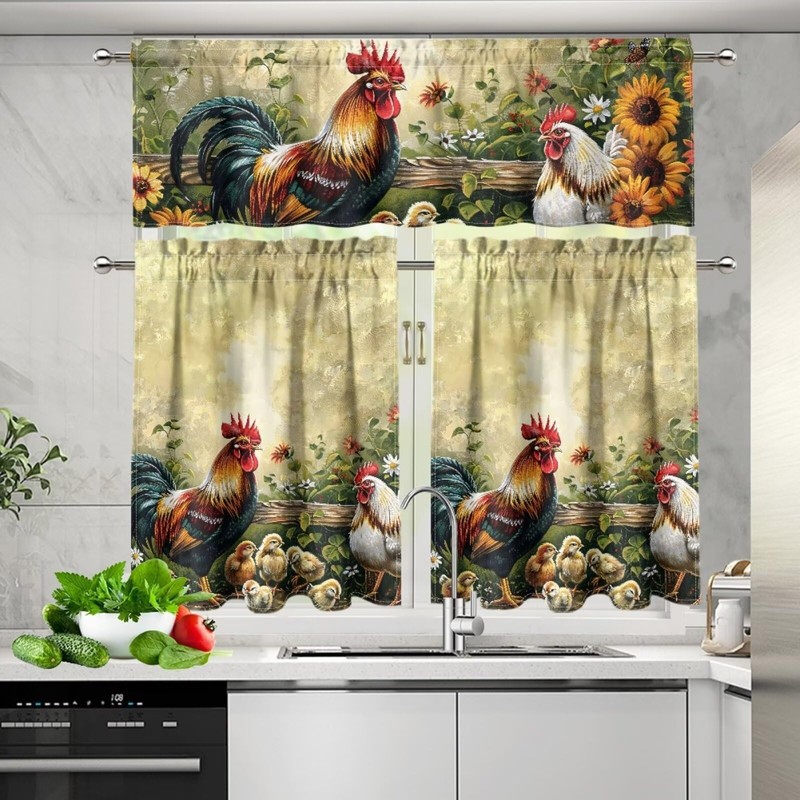 YUVAMAGIMO Sunflower Rooster 3-Piece Tier Curtains 36 Inch Long Country