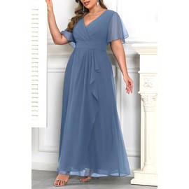 Dusty Blue Dress Plus Size Formal Dresses Bridesmaid Wedding Guest Mother of The Bride Prom Chiffon Short Sleeve Women