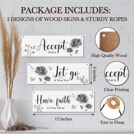 Farmhouse Wall Decor Sign, Accept Let Go Have Faith Themed Floral Wall Art Decor, 3 Pieces Inspirational Quotes Wooden Hanging Sign With Rope, For Home Living Room, Housewarming Christmas Gifts -13