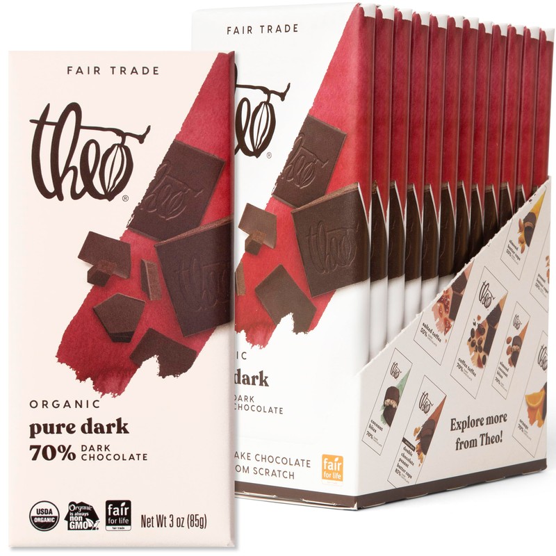 Theo Chocolate Pure Organic Dark Chocolate Bar, 70% Cacao, 12