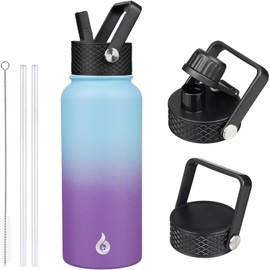BJPKPK - Botellas de agua aisladas con tapa de popote, botella de agua grande de metal de 32 onzas con 3 tapas, termo reutilizable a prueba de fugas,