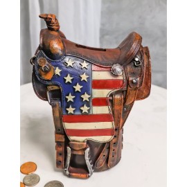 Rustic Western Cowboy Horse American Flag Saddle Money Coin Savings Piggy Bank