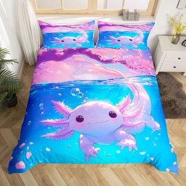 Homemissing Kids Cute Axolotl Bedding Set Single Size Cherry Flower Comforter Cover Set for Boys Girls Cartoon Salamander Duvet Cover Bedspread Cover Room Decor Quilt Cover,No Stuffing