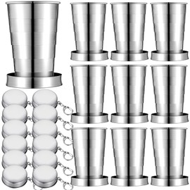 Reallnaive 10 Pieces Collapsible Shot Glasses Stainless Steel Collapsible Cup Reusable Portable Travel Folding Cup with Lid and Keychain for Camping Hiking Cycling(8.5 oz)