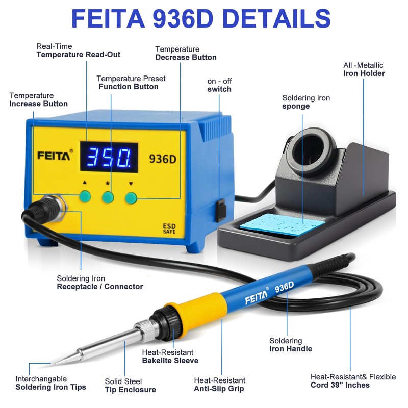FEITA 936D Digital Soldering Station, 60 Watt Equivalent with Auto