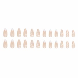 Medium Almond Press on Nails Spring Stiletto Fake Nails Glossy Glue on Nails White French Tip Acrylic Nails Bling Glitter Artificial Nails Summer Flower Stick on False Nails with Design 24 pcs