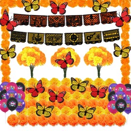 146 Pcs Dia De Los Muertos Decorations Set Day of The Dead Papel Picado Artificial Marigold Flowers with Stem Butterfly Balloons for Dia De Los Muertos Day of The Dead Altar Decorations Kit