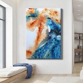 Orange Blue Canvas Wall Art Abstract Modern Painting Blue and Orange Pictures Colorful Pastel Wall Art Abstract Watercolor Print Bright Colors Artwork Colorful Modern Painting for Room 16x24in Framed