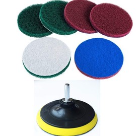 DUOSHIDA 5 Inch Drill Powered Brush Tile Scrubber Scouring Pads Cleaning Kit, 2 Different Stiffness, 5-Inch Disc Pad Holder with 6 Scrubbing Pads, Cleans Large Flat Areas Perfectly (5-inch)