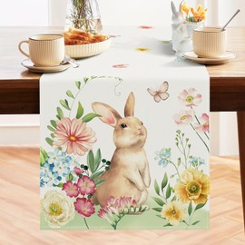 Bonhause Bunny Floral Table Runner 13x72 Inch Rabbit Flowers Spring Summer Seasonal Holiday Kitchen Dining Table Decoration for Indoor Outdoor Home Party Decor