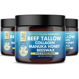 Whipped Beef Tallow, Collagen, Manuka Honey, & Beeswax - Arctic Beauty 7-in-1 Face & Body Cream - Moisturizer, Body Lotion, Skin Care, & Nourishing Cream (5 oz):_3 Jars