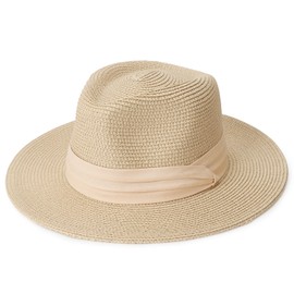 DRESHOW Women Straw Panama Hat Fedora Beach Sun Hat Wide Brim Straw Roll up Hat UPF 50+