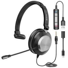 Voistek USB Headset with Mic for PC Laptop,3.5mm/USB-C Wired On Ear Computer Headphones with Noise Cancelling Microphone,in-line Control Office Work,Call Center,Video Meeting（Black）