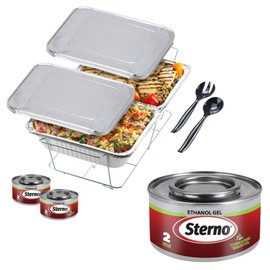 Sterno Chafing Dish Buffet Set with Lids, 2 Ethanol Fuel Cans, 1 Wire Rack with Water Pan & 2 Food Pans, Lids, Serving Utensils included for catering & parties