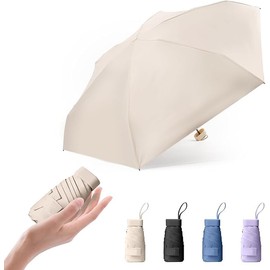Mini Travel Folding Umbrella, Windproof Protection Umbrella with Case, Waterproof and Sun-proof, Compact Portable for Women Men (Beige)