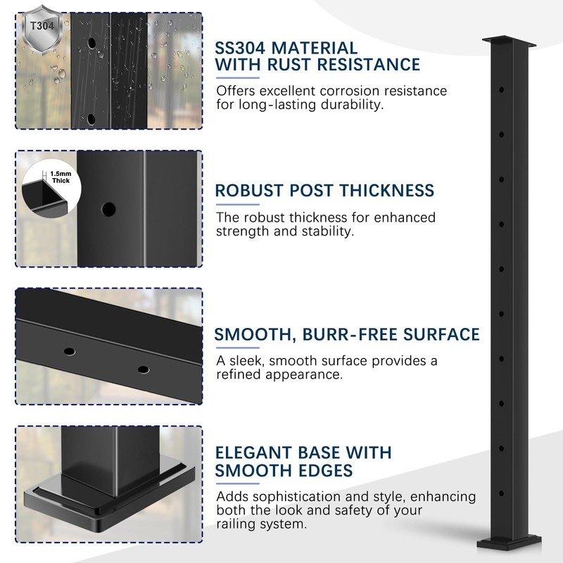 Gyykzz 36" Black Cable Railing Post, Fixed Top Level Drilled