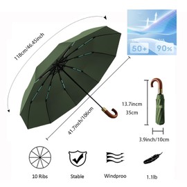 Luxury Curved Real Wood Handle Sun Protection Travel 10 Ribs with Outdoor UV Protection Folding Umbrella for Men and Women, Open and Close to Automatic, Waterproof, black