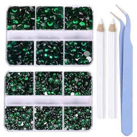 5300 Pieces Emerald Non Hotfix Flat Back Gems Round Resin Rhinestones Kit 4 Mixed Sizes（2-5mm） with Picking Pen and Tweezer for Nails Crafts Makeup Eyes DIY Christmas Gift Clothes Phone Bottles