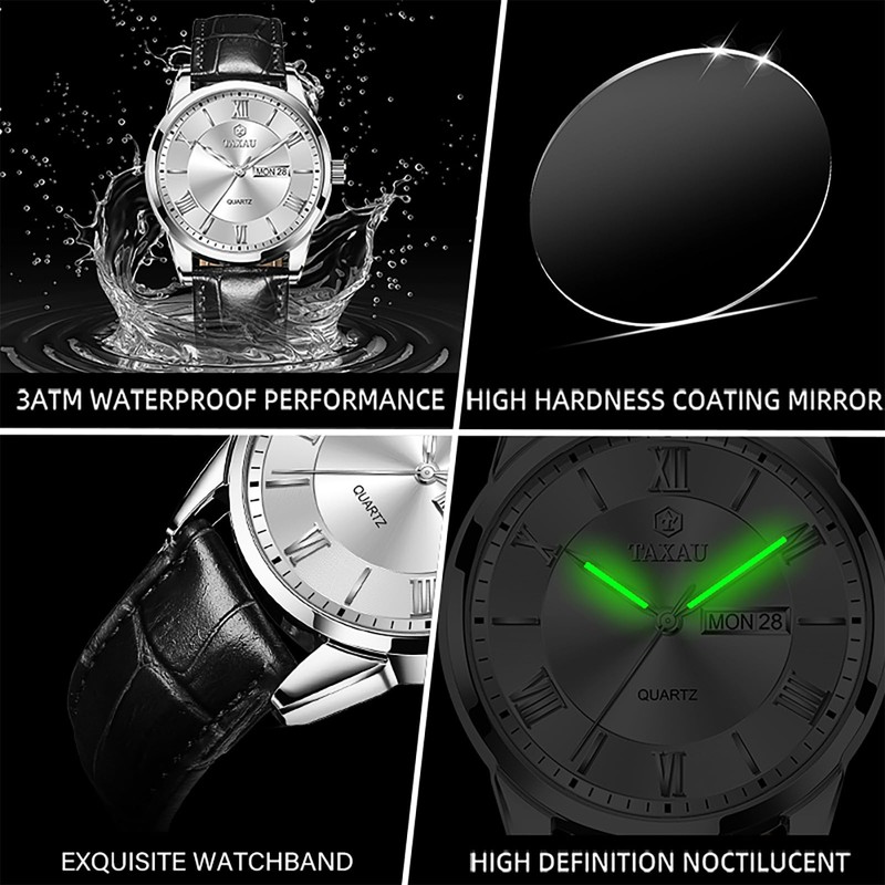 Taxau Mens Watches Black Leather Band White Dial with Day