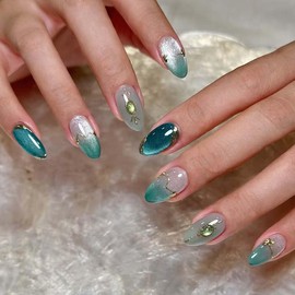 30Pcs Green Ombre Press on Nails Short Almond LINMEIZAI with Gemstones Design Fake Nails Press ons Nail Glue on Nails Full Cover Acrylic Nail Tips Kit False Nails Stickers Nail Art for Women Manicure
