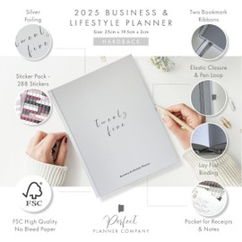 Perfect Planner Company - 2025 Business & Lifestyle Planner - Monthly & Weekly Diary - Habit Tracker - Social Media Planning - Meal and Exercise Planner - Sticker Pack. 100gsm FSC Paper, Dove Grey