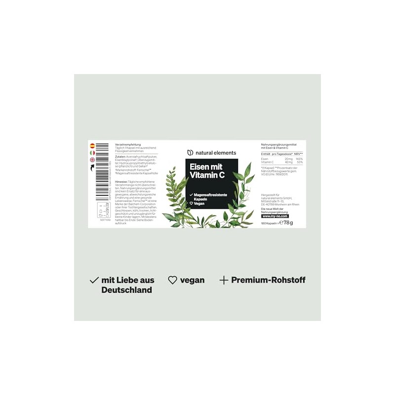 natural elements Iron 20 mg (from iron bisglycinate) per capsule