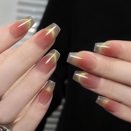 Pure Handmade Nails Press on Nail Reusable Fake Nails Golden&Green CatEyes Bling Bling Medium Stick on Nails French Tip False Nails 10pcs (XS, Q319 NAILS)