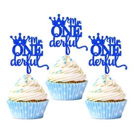 Ercadio - Paquete de 24 adornos para magdalenas con corona de purpurina azul y corona para magdalenas, diseño de corona, decoración para fiestas de baby shower