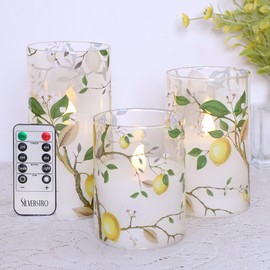 Silverstro Flameless LED Candles with Remote Lemon Decal Glass Flickering Battery Operated Candles for Home Room Party Easter Wedding Holiday Decor - Set of 3