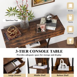 Multigot Console Table, T-Shaped Hallway Sofa Side Table with Drawer, Shelves and Anti-Tipping Kits, Wooden Accent Couch Behind Foyer Table for Entryway Living Room Bedroom (Rustic Brown)