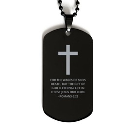 DARIN GIFT Bible Verse Black Dog Tag, Romans 6:23 Motivational Inspirational Quotes Gifts Cross Faith Engraved Stainless Steel Chain Necklace For Men Women Kids
