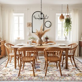 Boho Vintage Floral Area Rug 8x10 Antique White, Machine Washable Low Pile Polyester Rug, Soft Non-Slip Durable Carpet for Living Room, Bedroom, Office, Entryway