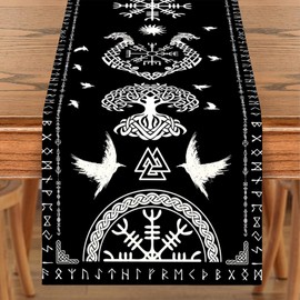 duisoad Table Runner, Black Viking Tree of Life Raven Helm of Awe Table Runner for Home Party, Wedding, Outdoor Event Decoration