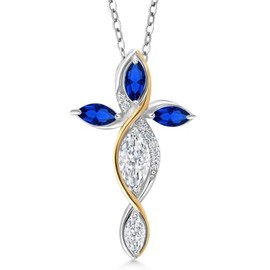 Cross Necklace For Women In 925 Silver and 10K Yellow Gold with White Moissanite and Blue Created Sapphire | 1.37 Cttw | Jesus Christian Religious Crucifix | Marquise 8X4MM | With 18 Inch Chain