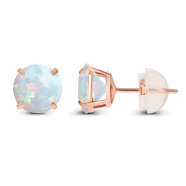 14K Rose Gold Plated Sterling Silver 4mm Round Created Opal October Birthstone Prong Set Stud Earrings For Women