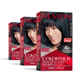 Permanent Hair Color by Revlon, Permanent Hair Dye, Colorsilk with 100% Gray Coverage, Ammonia-Free, Keratin and Amino Acids, 012 Natural Blue Black, (Pack of 3)