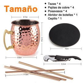 Copa de Bronce de Moscú - 4 Conjuntos de Tazas de Acero Inoxidable - 16 Onzas con Tazas de Cobre de Martillo de Mango, Juegos de Regalos Exquisitos. (Gold)