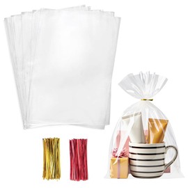 Morepack Cello Cellophane Treat Bags,200 PCS Clear Pastic Gift Bags with Twist Ties,Party Favor Bags (9"x14")