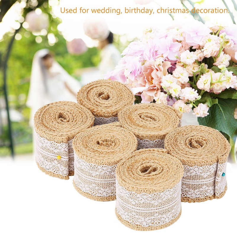 6pcs 2M/Roll Burlap Rolls with Lace Hessian Jute Ribbon for