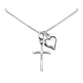 Tiny Sterling Silver Cross and Heart Necklace, Dainty Religious Jewelry for Women, Christian Faith Necklace, Gift for Baptism, Confirmation (16 inches + 2-inch extender)