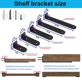Floating Shelf Bracket, 12 Inch (1/4 in Thick) Black Shelf Bracket,4 Pack Hidden Shelf Brackets,L Brackets for Shelves,Use for Kitchen, Study and Various DIY Occasions，Holds Over 200lb+(12IN Black)