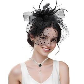 Bnsikun Fascinator Hat for Women Funeral Veil Feather Fascinator Tea Party Bridal Wedding Veil Pillbox HatInclude Mesh Lace Gloves Necklace Earring
