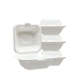 [50 COUNT] Sugarfiber 6 X 6" White Compostable Square Hinged Container, Single Compartment Clamshell Takeout Box, Made from Eco-Friendly Plant Fibers
