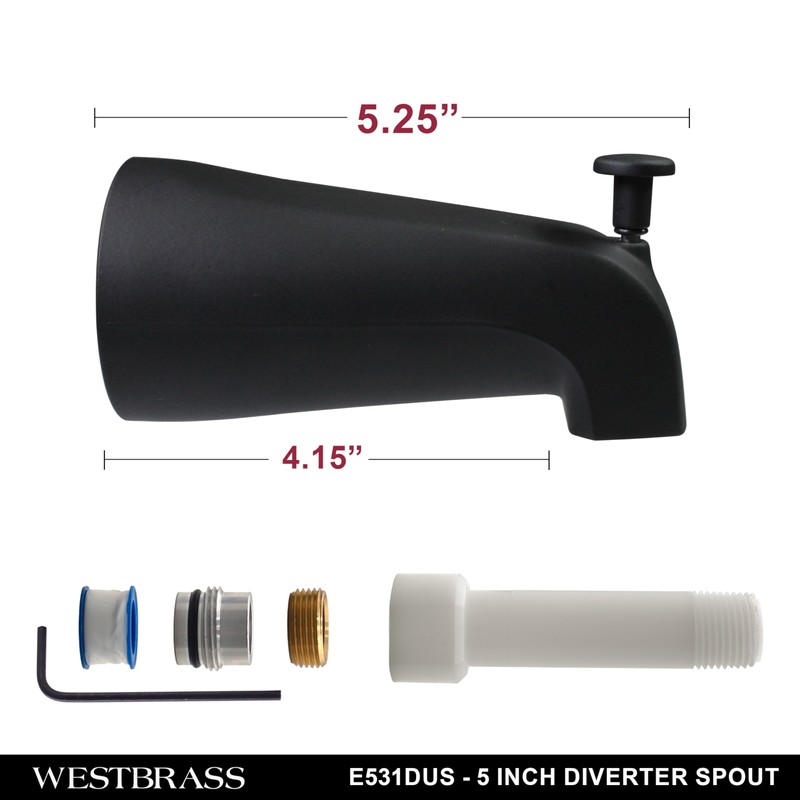 Westbrass E531DUS-62 Universal Fit 5-1/4" Diverter Tub Spout, Zinc, Matte