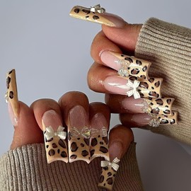 ROFIBUT Leopard Print French Press on Nails Long Square Fake Nails Brown Leopard French Acrylic Nails with 3D Laser Resin Bow Design Full Cover Stick on Nails for Women Girls Manicure Decoration 24Pcs