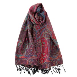 Achillea Luxurious Double Layered Jacquard Big Paisley Pashmina Shawl Wrap Scarf (Tapestry Black Red)