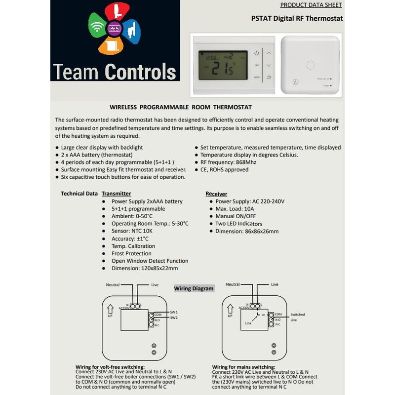 Team Controls Wireless Programmable Room Thermostat RF Stat