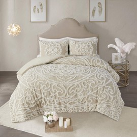Madison Park Laetitia 100% Cotton Duvet Set - Chenille Tufted Medallion Design, All Season Cozy Bedding Shabby Chic Comforter Cover, Matching Shams, Taupe King/Cal King(104"x92") 3 Piece